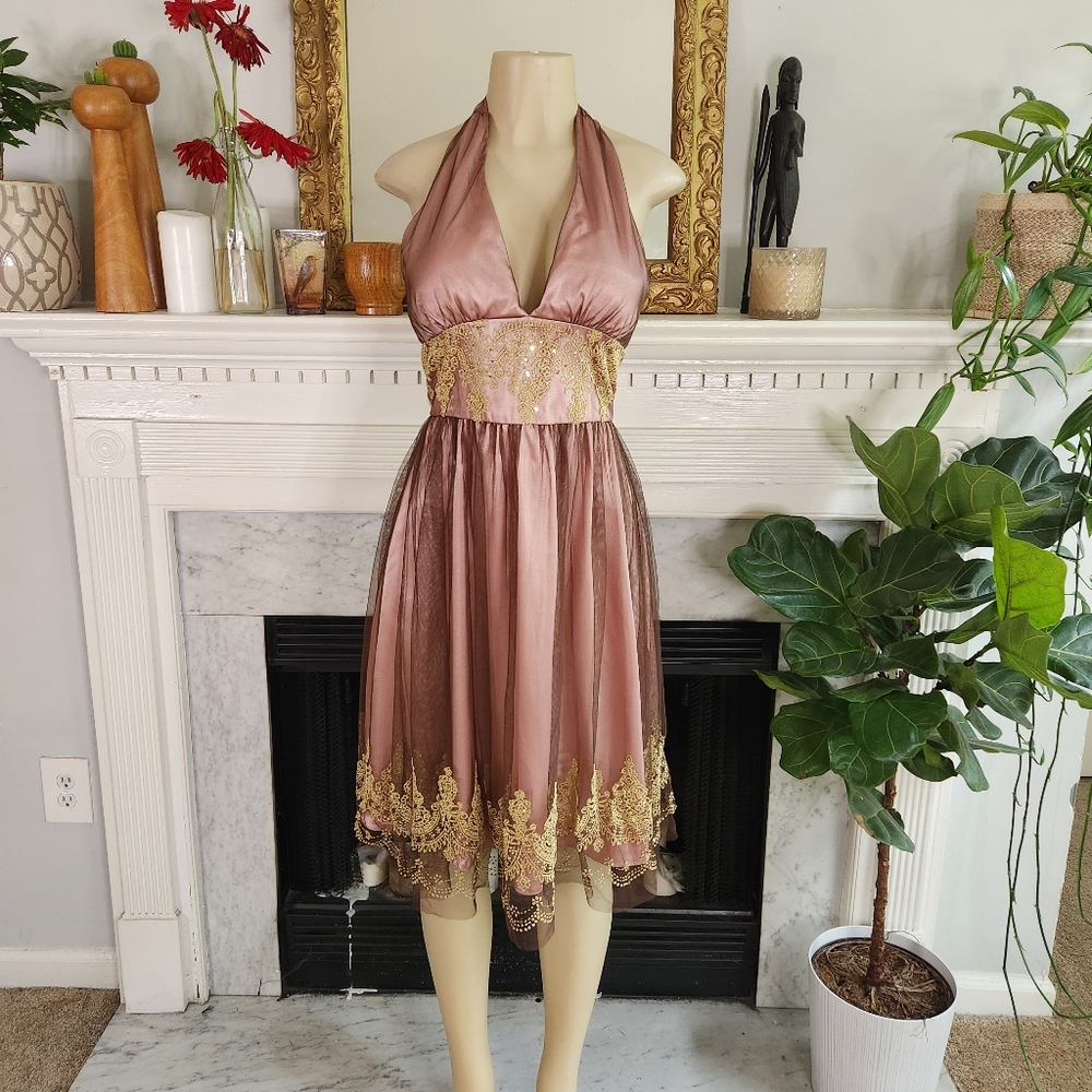 Adrianna Papell Boutique Mocha Brown Pink Gold Halter Dress Beaded Cocktail Sz 4 - Picture 2 of 14